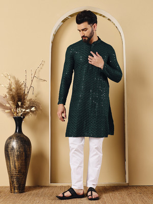 CHIRASVI Men Self Design Straight Kurta(Green)