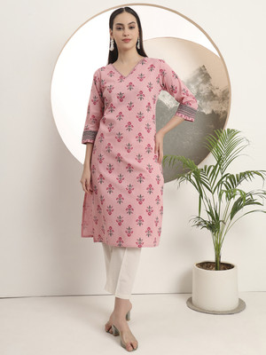 Span Women Self Design Straight Kurta(Pink)