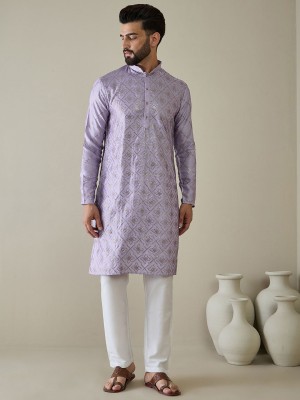 ANOUK Men Geometric Print Straight Kurta(Purple)