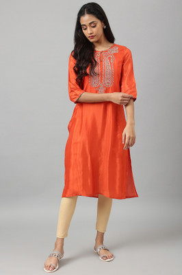 W Women Embroidered Straight Kurta(Orange)