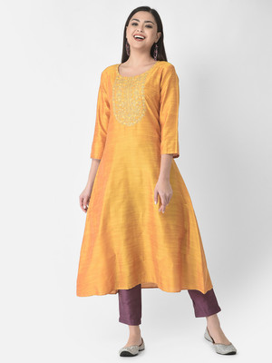 Span Women Printed A-line Kurta(Yellow, Gold)
