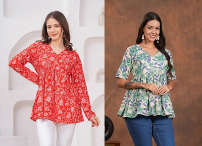 ARZOO Women Floral Print Flared Kurta(Red, Grey)