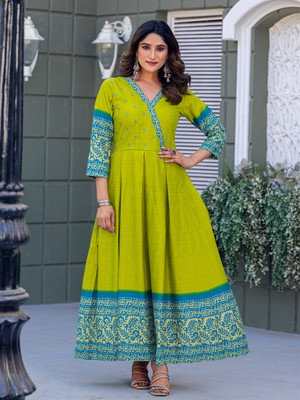 ARADHNA Women Printed Anarkali Kurta(Green)