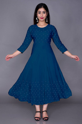 MISS CLOTHING Women Self Design, Applique A-line Kurta(Blue)