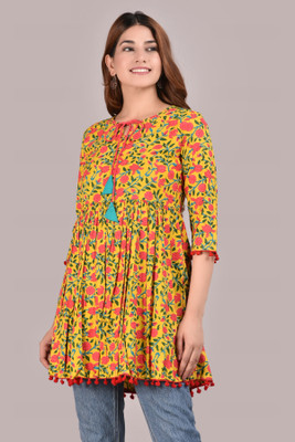 NEW4U Women Floral Print Flared Kurta(Yellow)