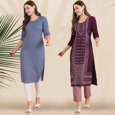 1 Stop Fashion Women Printed A-line Kurta(Blue, Purple)