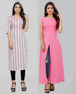 maruti fab Women Striped, Floral Print Straight Kurta(White, Pink, Blue)