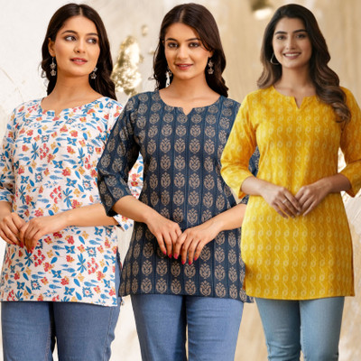 VECLAIRE Women Printed Straight Kurta(Multicolor, Yellow)