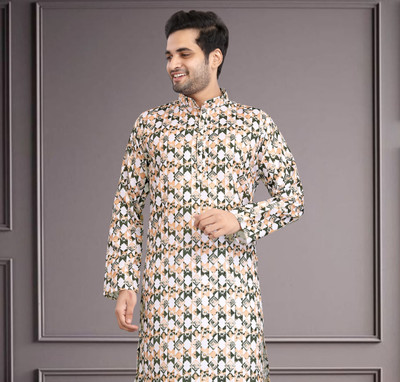 fabzy Men Printed Straight Kurta(Multicolor, Beige)