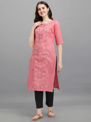 Sunandan Women Embroidered Straight Kurta(Pink)