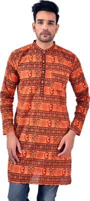 PK MART Men Printed Straight Kurta(Orange)