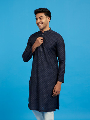 DIWAS by Manyavar Men Embroidered Straight Kurta(Dark Blue)