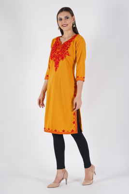 DIAMOND RUBY Women Embroidered A-line Kurta(Yellow)