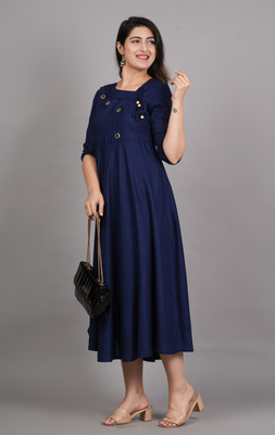 Puebell Women Solid Flared Kurta(Blue)