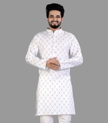 trueoath Men Printed Straight Kurta(White)