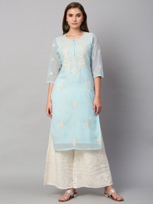 RATAN Women Chikan Embroidery Straight Kurta(Light Blue)