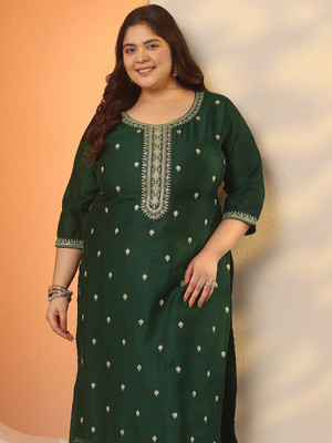 EXTRA LOVE BY LIBAS Women Embroidered Straight Kurta(Green)
