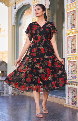 JYOTESTORE Women Floral Print Flared Kurta(Black)