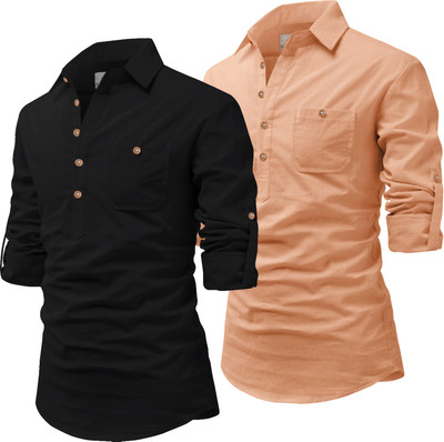 Univibe Men Solid Pathani Kurta(Orange, Black)