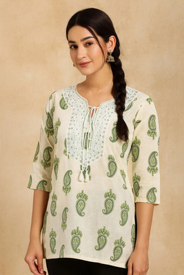 GANADHYAKSHAYA Women Floral Print Ethnic Dress Kurta(Beige)