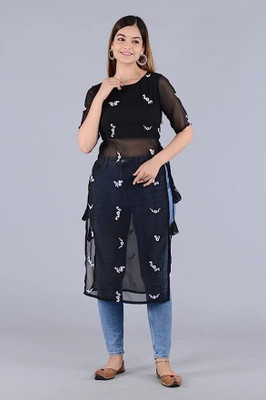 SENEGAL ENTERPRISE Women Embroidered A-line Kurta(Black)