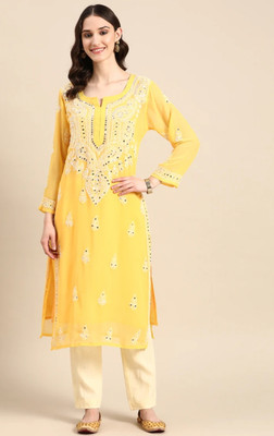 ZA chikankari Women Chikan Embroidery Straight Kurta(Red)