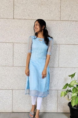 HouseOfCommon Women Embroidered A-line Kurta(Light Blue)