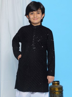 AJ Dezines Boys Self Design Straight Kurta(Black)