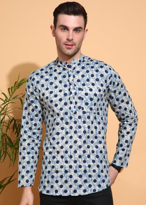 FUBAR Men Printed Straight Kurta(Blue, White)