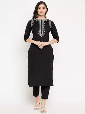 Flute Fashion Women Chikan Embroidery Straight Kurta(Black)