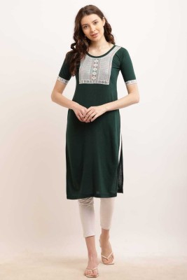 raushiongarment Women Embroidered Straight Kurta(Green)