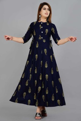 dhanak Women Printed Flared Kurta(Blue)