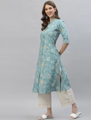 Vitthal Women Floral Print Straight Kurta(Light Blue, Beige, White)