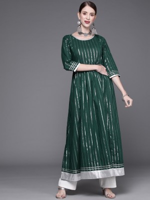 Varanga Women Striped Anarkali Kurta(Green)