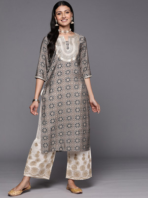 LIBAS Women Printed Straight Kurta(Grey)
