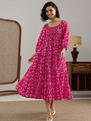 LIBAS Women Printed Flared Kurta(Pink)