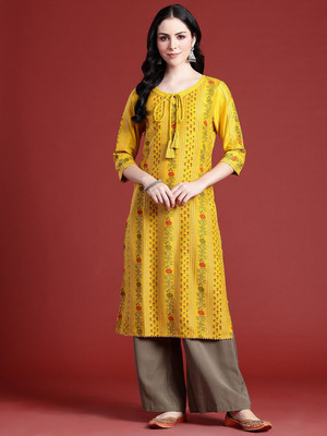 ANOUK Women Floral Print A-line Kurta(Yellow)