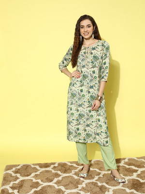 all about you Women Printed Straight Kurta(Green)