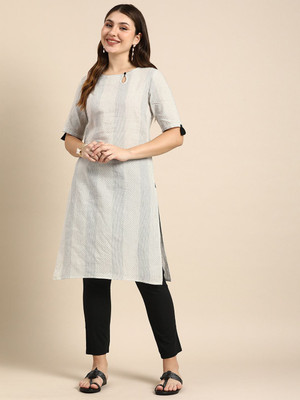 ANOUK Women Striped Straight Kurta(White)