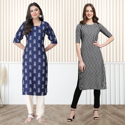 EthnicBasket Women Printed Straight Kurta(White, Black, Dark Blue)