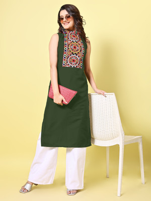 Youthnic Women Embroidered Straight Kurta(Dark Green)
