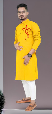 Mamta fab Men Printed Straight Kurta(Yellow)