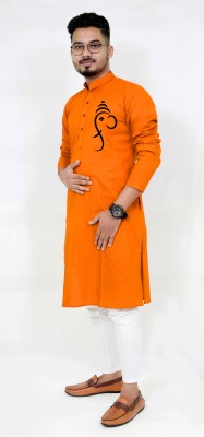 Rainbow Cloths Men Printed Straight Kurta(Orange)