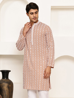 ANOUK Men Embroidered Straight Kurta(Beige)