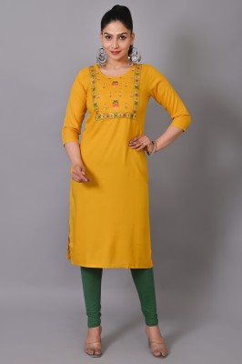 ANITAAS Women Embroidered Straight Kurta(Yellow)