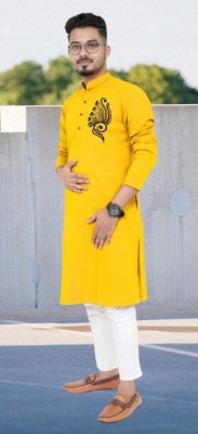 Mamta Biswas Men Printed Straight Kurta(Yellow)