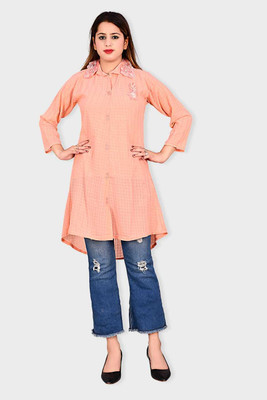 Fatima fashion Women Checkered, Chikan Embroidery Tunic Kurta(Orange)