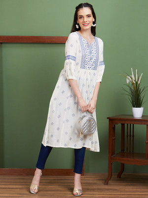 Globus Women Printed A-line Kurta(White)