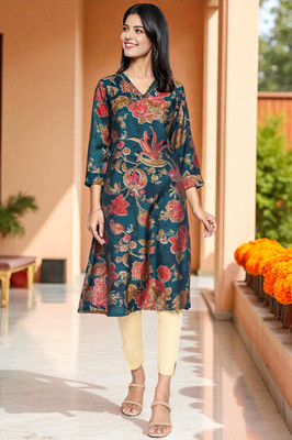 W Women Floral Print Straight Kurta(Green)
