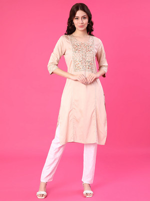 V-MART Women Embroidered A-line Kurta(Beige)